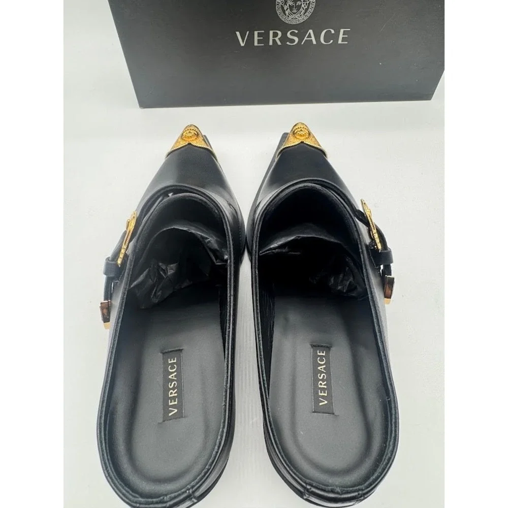 Versace Sabot Leather Western Mule Medusa Gold Toe Black EU 39.5 US 9 NIB - Picture 6 of 14